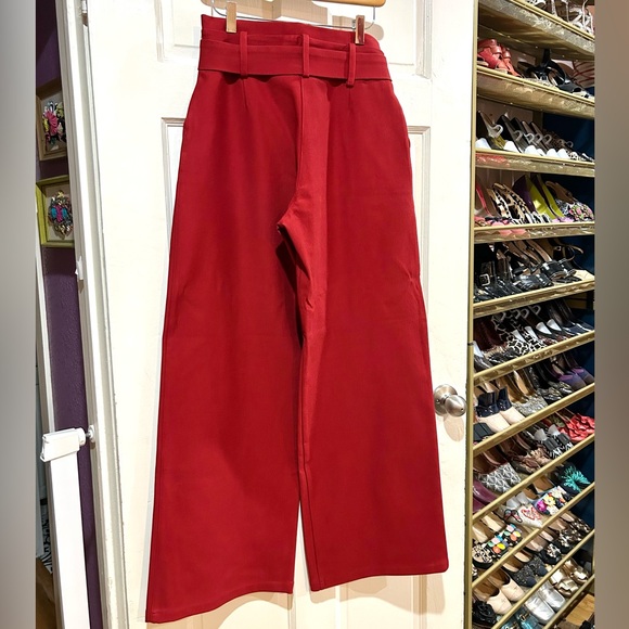 NWOT Anthropologie Cranberry Red Tailored Wide Leg Pants Tie Front Waist Size 6 - Picture 3 of 10